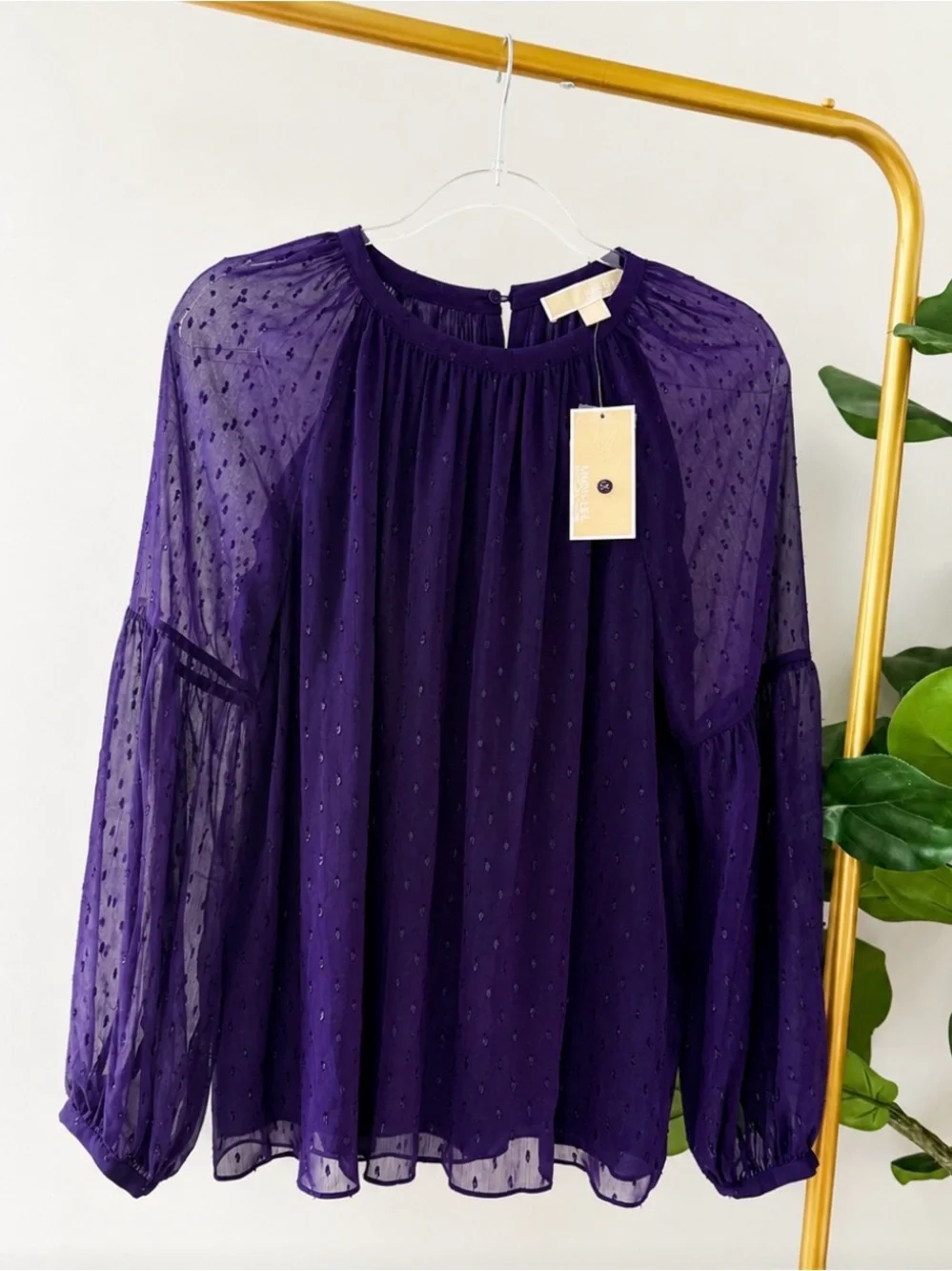 NWT MICHAEL Michael Kors Purple Swiss Dot Sheer Blouse S